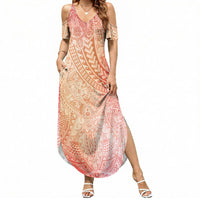 Hawaiian Turtles and Leis Summer Maxi Dress Tribal Kakau Pattern Peach Fuzz Color LT03 Women Peach Fuzz - Polynesian Pride
