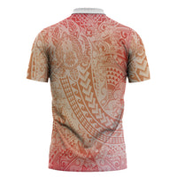 Hawaiian Turtles and Leis Zipper Polo Shirt Tribal Kakau Pattern Peach Fuzz Color LT03 - Polynesian Pride