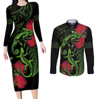 New Zealand Chameleon and Gecko Couples Matching Long Sleeve Bodycon Dress and Long Sleeve Button Shirt Maori Silver Fern and Pohutukawa Decoration