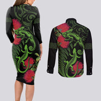 New Zealand Chameleon and Gecko Couples Matching Long Sleeve Bodycon Dress and Long Sleeve Button Shirt Maori Silver Fern and Pohutukawa Decoration