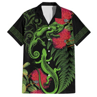 New Zealand Chameleon and Gecko Family Matching Off Shoulder Short Dress and Hawaiian Shirt Maori Silver Fern and Pohutukawa Decoration