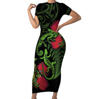New Zealand Chameleon and Gecko Family Matching Short Sleeve Bodycon Dress and Hawaiian Shirt Maori Silver Fern and Pohutukawa Decoration LT03 Mom's Dress Green - Polynesian Pride
