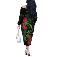 New Zealand Chameleon and Gecko Off The Shoulder Long Sleeve Dress Maori Silver Fern and Pohutukawa Decoration