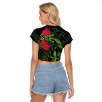 New Zealand Chameleon and Gecko Raglan Cropped T Shirt Maori Silver Fern and Pohutukawa Decoration LT03 - Polynesian Pride