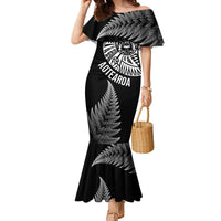 Personalised New Zealand Maori Art Tattoo and Silver Fern Family Matching Mermaid Dress and Hawaiian Shirt LT03 Mom's Dress Black - Polynesian Pride