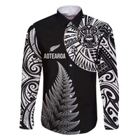 Personalised New Zealand Maori Art Tattoo and Silver Fern Family Matching Puletasi and Hawaiian Shirt LT03 Dad's Shirt - Long Sleeve Black - Polynesian Pride