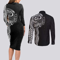 Polynesian Art Traditional Tattoo Pattern Couples Matching Long Sleeve Bodycon Dress and Long Sleeve Button Shirt