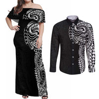 Polynesian Art Traditional Tattoo Pattern Couples Matching Off Shoulder Maxi Dress and Long Sleeve Button Shirt