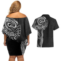 Polynesian Art Traditional Tattoo Pattern Couples Matching Off Shoulder Short Dress and Hawaiian Shirt