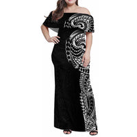 Polynesian Art Traditional Tattoo Pattern Family Matching Off Shoulder Maxi Dress and Hawaiian Shirt