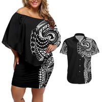 Polynesian Art Traditional Tattoo Couples Matching Off Shoulder Short Dress and Hawaiian Shirt Simple Style