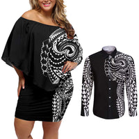 Polynesian Art Traditional Tattoo Couples Matching Off Shoulder Short Dress and Long Sleeve Button Shirt Simple Style