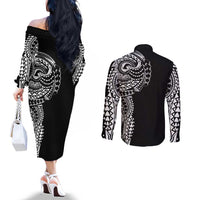 Polynesian Art Traditional Tattoo Couples Matching Off The Shoulder Long Sleeve Dress and Long Sleeve Button Shirt Simple Style