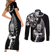 New Zealand Maori Warrior Rugby Couples Matching Short Sleeve Bodycon Dress and Long Sleeve Button Shirt Silver Fern