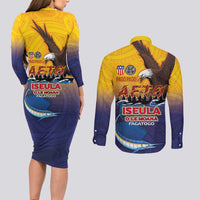 American Samoa Fautasi Couples Matching Long Sleeve Bodycon Dress and Long Sleeve Button Shirt Bald Eage and Sailfish with Kakau Motifs - Polynesian Pride