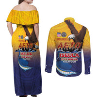 American Samoa Fautasi Couples Matching Off Shoulder Maxi Dress and Long Sleeve Button Shirt Bald Eage and Sailfish with Kakau Motifs - Polynesian Pride