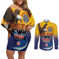 American Samoa Fautasi Couples Matching Off Shoulder Short Dress and Long Sleeve Button Shirt Bald Eage and Sailfish with Kakau Motifs - Polynesian Pride