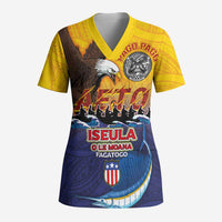 American Samoa Fautasi Scrub Top Bald Eage and Sailfish with Kakau Motifs - Polynesian Pride