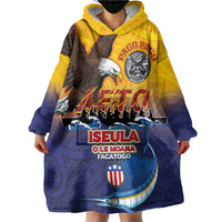 American Samoa Fautasi Wearable Blanket Hoodie Bald Eage and Sailfish with Kakau Motifs - Polynesian Pride
