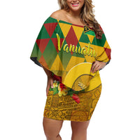 Melanesian Vanuatu Off Shoulder Short Dress With Tapa Tribal Pattern and Triangle Geometric Tricolor - Polynesian Pride