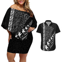 New Zealand Rugby Couples Matching Off Shoulder Short Dress and Hawaiian Shirt Haka Dance Tribal God Mask Maori Pattern LT03 Black - Polynesian Pride