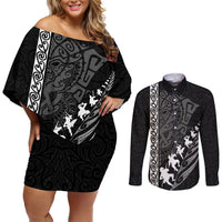 New Zealand Rugby Couples Matching Off Shoulder Short Dress and Long Sleeve Button Shirts Haka Dance Tribal God Mask Maori Pattern LT03 Black - Polynesian Pride