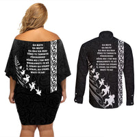 New Zealand Rugby Couples Matching Off Shoulder Short Dress and Long Sleeve Button Shirts Haka Dance Tribal God Mask Maori Pattern LT03 - Polynesian Pride