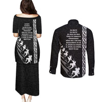 New Zealand Rugby Couples Matching Puletasi Dress and Long Sleeve Button Shirts Haka Dance Tribal God Mask Maori Pattern LT03 - Polynesian Pride