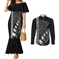 Custom New Zealand Rugby Couples Matching Mermaid Dress and Long Sleeve Button Shirts Haka Dance Tribal God Mask Maori Pattern LT03 Black - Polynesian Pride