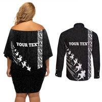 Custom New Zealand Rugby Couples Matching Off Shoulder Short Dress and Long Sleeve Button Shirts Haka Dance Tribal God Mask Maori Pattern LT03 - Polynesian Pride
