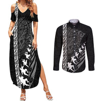 Custom New Zealand Rugby Couples Matching Summer Maxi Dress and Long Sleeve Button Shirts Haka Dance Tribal God Mask Maori Pattern LT03 Black - Polynesian Pride