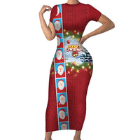 Merry Christmas Family Matching Short Sleeve Bodycon Dress and Hawaiian Shirt Funny Santa Claus Cards Photo and Polynesian Pattern Red Color LT03 Mom's Dress Red - Polynesian Pride