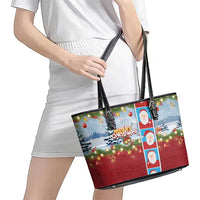 Merry Christmas Leather Tote Bag Funny Santa Claus Cards Photo and Polynesian Pattern Red Color