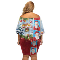 Merry Christmas Off Shoulder Short Dress Funny Santa Claus Cards Photo and Polynesian Pattern Red Color
