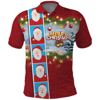 Merry Christmas Polo Shirt Funny Santa Claus Cards Photo and Polynesian Pattern Red Color