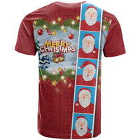 Merry Christmas T Shirt Funny Santa Claus Cards Photo and Polynesian Pattern Red Color