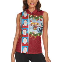 Merry Christmas Women Sleeveless Polo Shirt Funny Santa Claus Cards Photo and Polynesian Pattern Red Color LT03 - Polynesian Pride