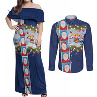 Merry Christmas Couples Matching Off Shoulder Maxi Dress and Long Sleeve Button Shirt Funny Santa Claus Cards Photo and Polynesian Pattern Blue Color LT03 Blue - Polynesian Pride