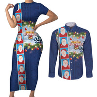Merry Christmas Couples Matching Short Sleeve Bodycon Dress and Long Sleeve Button Shirt Funny Santa Claus Cards Photo and Polynesian Pattern Blue Color LT03 Blue - Polynesian Pride
