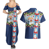 Merry Christmas Couples Matching Summer Maxi Dress and Hawaiian Shirt Funny Santa Claus Cards Photo and Polynesian Pattern Blue Color LT03 - Polynesian Pride