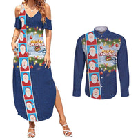 Merry Christmas Couples Matching Summer Maxi Dress and Long Sleeve Button Shirt Funny Santa Claus Cards Photo and Polynesian Pattern Blue Color LT03 Blue - Polynesian Pride