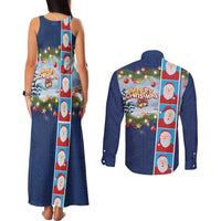 Merry Christmas Couples Matching Tank Maxi Dress and Long Sleeve Button Shirt Funny Santa Claus Cards Photo and Polynesian Pattern Blue Color LT03 - Polynesian Pride