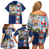 Merry Christmas Family Matching Off Shoulder Short Dress and Hawaiian Shirt Funny Santa Claus Cards Photo and Polynesian Pattern Blue Color