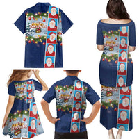Merry Christmas Family Matching Puletasi and Hawaiian Shirt Funny Santa Claus Cards Photo and Polynesian Pattern Blue Color LT03 - Polynesian Pride
