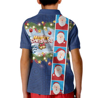 Merry Christmas Kid Polo Shirt Funny Santa Claus Cards Photo and Polynesian Pattern Blue Color