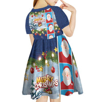 Merry Christmas Kid Short Sleeve Dress Funny Santa Claus Cards Photo and Polynesian Pattern Blue Color