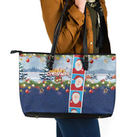 Merry Christmas Leather Tote Bag Funny Santa Claus Cards Photo and Polynesian Pattern Blue Color LT03
