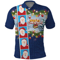 Merry Christmas Polo Shirt Funny Santa Claus Cards Photo and Polynesian Pattern Blue Color