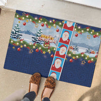 Merry Christmas Rubber Doormat Funny Santa Claus Cards Photo and Polynesian Pattern Blue Color LT03