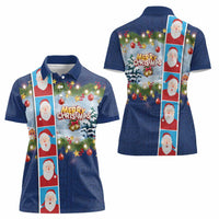Merry Christmas Women Polo Shirt Funny Santa Claus Cards Photo and Polynesian Pattern Blue Color LT03 - Polynesian Pride